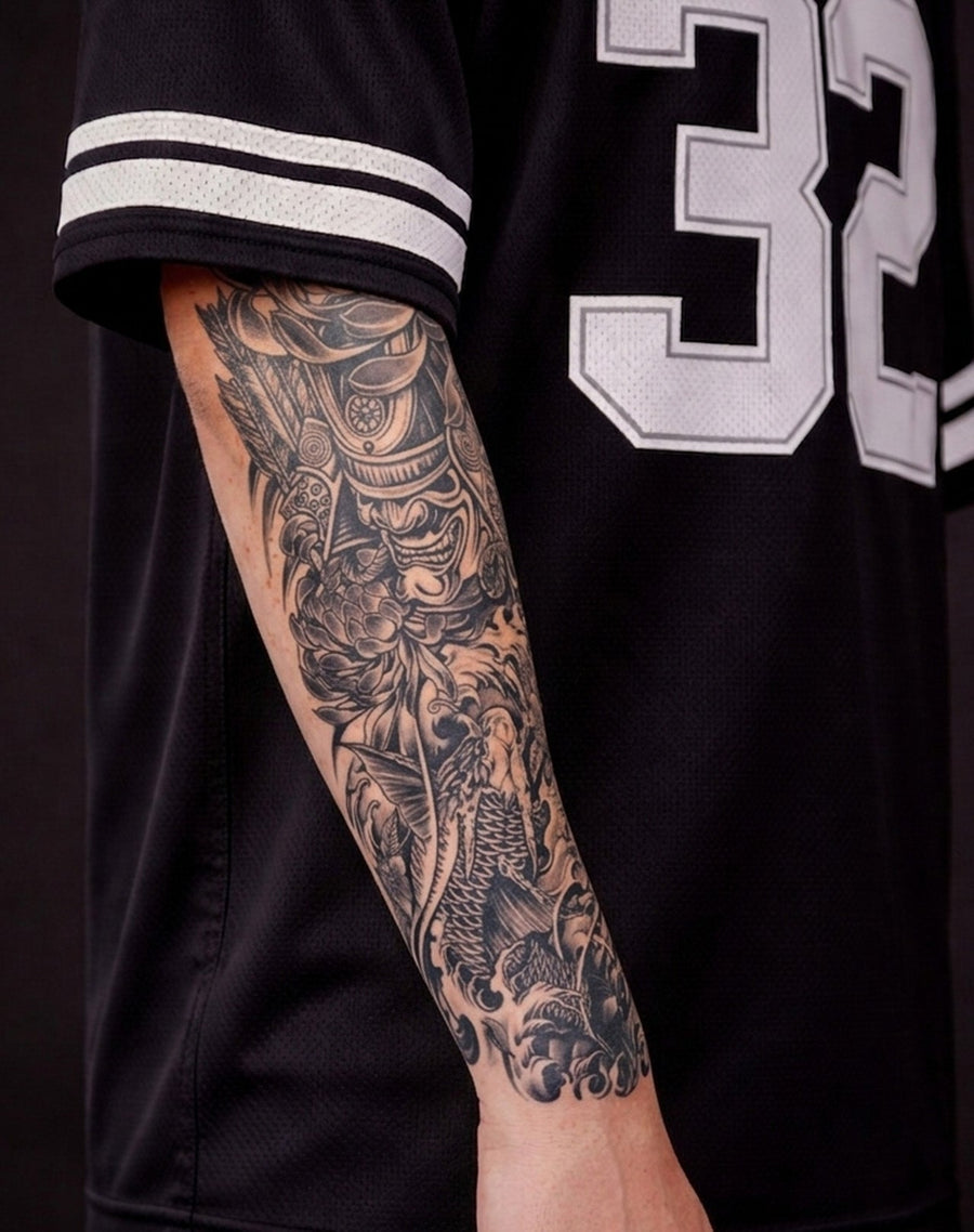 Japanese samurai sleeve temporary tattoo on a forearm